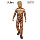 Kids Groot costume full body view with moulded tree mask and wood grain jumpsuit