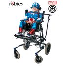 Child wearing Captain America adaptive wheelchair costume with blue red white printed design and foam mask