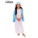 Child's Virgin Mary nativity costume with white satin dress, sky blue robe and hood headpiece with gold trim