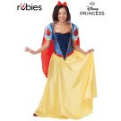 Adult Snow White deluxe costume dress with royal blue bodice, yellow skirt and red cape