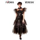 Adult Wednesday Addams black Gothic gown with tiered tulle skirt and sheer mesh yoke - front view
