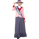 Adult Victorian Suffragette costume with pink jacket, grey dress, wide-brim hat and Votes For Women sash