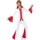 Mens white 70s disco costume with red sequin trumpet sleeves and flared bell-bottom pants