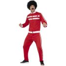 Adult red 1980s shell suit costume with white racing stripes - front view of two-piece tracksuit
