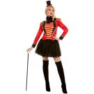 Women's deluxe ringmaster costume with red tailcoat jacket, black tutu and mini top hat