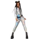 Adult silver holographic catsuit with rainbow sheen and long sleeves