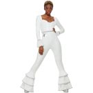 Adult 70s disco jumpsuit in white with silver glitter trim and three-tier bell-bottom flares