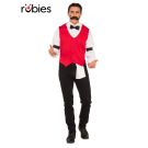 Adult bartender costume kit with red vest, white shirt, black bow tie and handlebar mustache