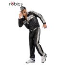 Adult 90s hip hop tracksuit costume with black and silver metallic stripes