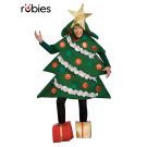 Adult wearing full-body Christmas tree costume with gold star topper and tinsel garland