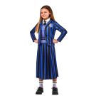 Girls Wednesday Addams Nevermore Academy costume with striped blazer, ribbed vest, and pleated skirt