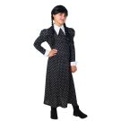 Girls Wednesday Addams costume dress with white pointed collar and puffed sleeves