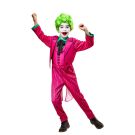 Child wearing hot pink The Joker costume with green wig and cartoon black edging