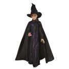 Girls Wicked Elphaba witch costume with black lace dress, purple sequined under-layer, and dramatic cape