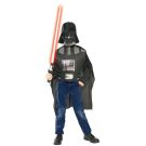 Child wearing Star Wars Darth Vader costume with black tabard printed chest panel and mask