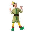 Kids Buddy the Elf costume with sage green jacket, yellow tights and pointed hat