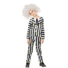 Kids Beetlejuice costume with black and white striped jacket, pants and wild grey wig