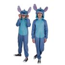 Kids wearing blue Stitch onesie costume with 3D hood and oversized ears