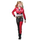 Girls Harley Quinn costume with red bomber jacket and split-color leggings