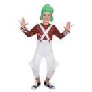Child wearing brown and white Oompa Loompa jumpsuit with green felt wig headpiece