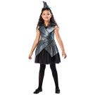 Girls Wicked Elphaba costume with charcoal grey dress, faux leather jacket overlay, and crooked witch hat