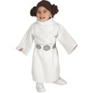 Toddler Princess Leia Star Wars costume with white dress and brown bun wig