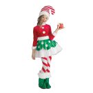 Girls candy cane elf costume with red velour dress, metallic green polka-dot skirt, white fur trim, striped leggings and 3D hat