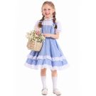 Girls blue gingham pinafore costume with white eyelet lace tiers and puff-sleeve blouse