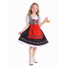 Girls wearing red, navy and tan Bavarian dirndl costumes with gingham bodices and attached aprons