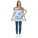Adult teacup costume tabard with blue floral print and gold metallic handle