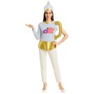 Adult teapot costume with pale blue tabard, gold metallic trim and teapot-lid hat