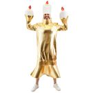 Adult wearing gold metallic candelabra costume with white candle hat and flame hand pieces