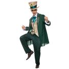 Adult Mad Hatter costume with forest green tailcoat, beige top hat and teal bow tie