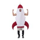 Adult retro rocket ship tabard costume with red nose cone and silver engine