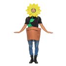 Adult wearing yellow foam sunflower headpiece with face cutout and brown flowerpot tabard