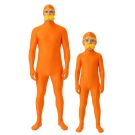 Kids and adults orange forest guardian full body costume with yellow mustache and eyebrows front view