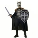 Kids skeleton king costume with black jumpsuit, faux-fur cape, crown and sword