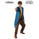 Adult Newt Scamander costume with cobalt blue herringbone coat, layered waistcoat and bow tie