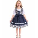 Girls navy floral Bavarian dirndl costume with white lace sleeves and apron overlay