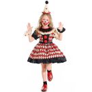 Girls circus clown costume with red and cream harlequin diamond-pattern dress and cone hat