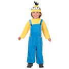Toddler wearing Minion Kevin costume with yellow fleece jumpsuit and blue overalls