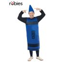 Adult blue crayon tabard costume with black stripes and conical headpiece