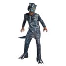 Child wearing Jurassic World Velociraptor Blue costume with blue-grey scales and molded mask