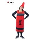Adult wearing red crayon tabard costume with conical headpiece and black clothing