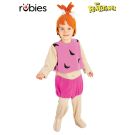 Kids Pebbles Flintstone costume with pink spotted fleece jumpsuit and orange headpiece