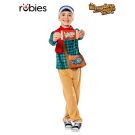 Child wearing Charlie Bucket costume with checked shirt, beanie, satchel and golden ticket prop