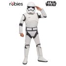 Child wearing white Star Wars First Order Stormtrooper costume with molded helmet and digitally printed armor jumpsuit