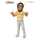 Toddler wearing Carol Wild Thing costume from Where The Wild Things Are with yellow striped jumpsuit and hooded headpiece