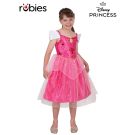 Girls Disney Princess Aurora dress in bright pink satin with sparkle tulle skirt and gold waist trim