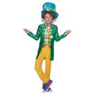 Kids Mad Hatter costume with emerald green jacket, pinstripe trousers and tall turquoise felt top hat